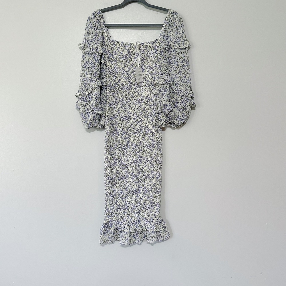 New Petal & Pup Bonita Shirred Frill Long Sleeve Bodycon Midi Dress Size 4